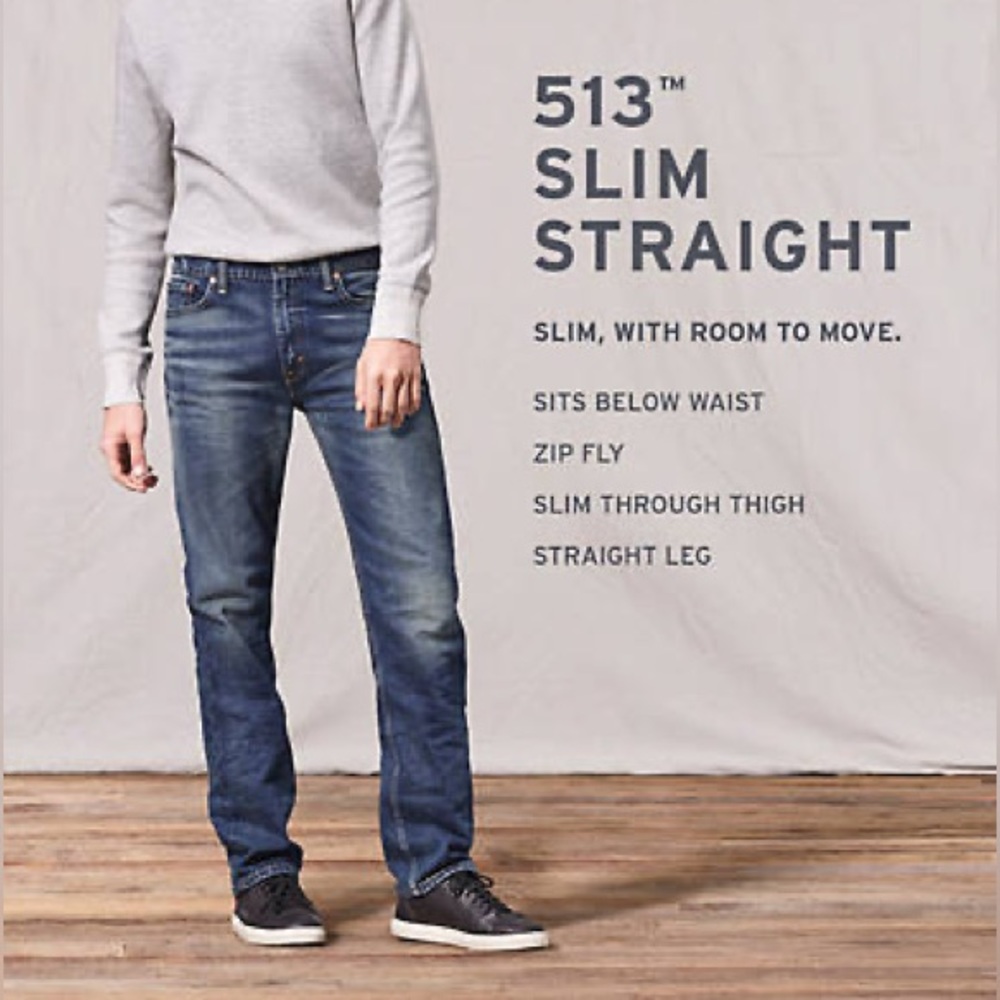 Levi’s 513 slim straight stretch denim distressed blue jeans size 34 X 32 VGUC